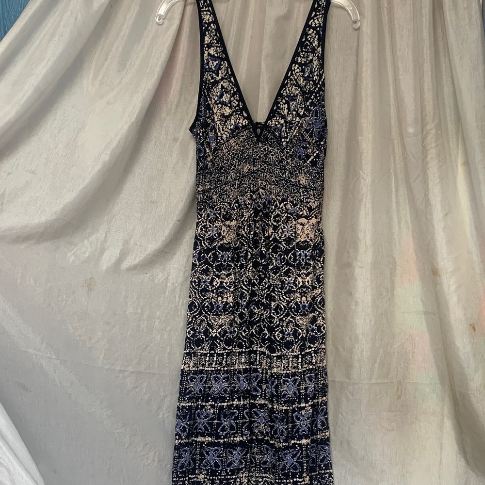Angie Navy and Cream Deep V Maxi Dress